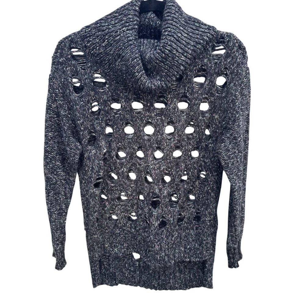 Marla Wynne Layers Open Knit Perforated Cowl Neck Sweater Gray XS Distressed